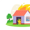 Illustration of a house on fire with flames coming from the doorway, roof, and rear, set on a green lawn with trees and a cloudy sky.